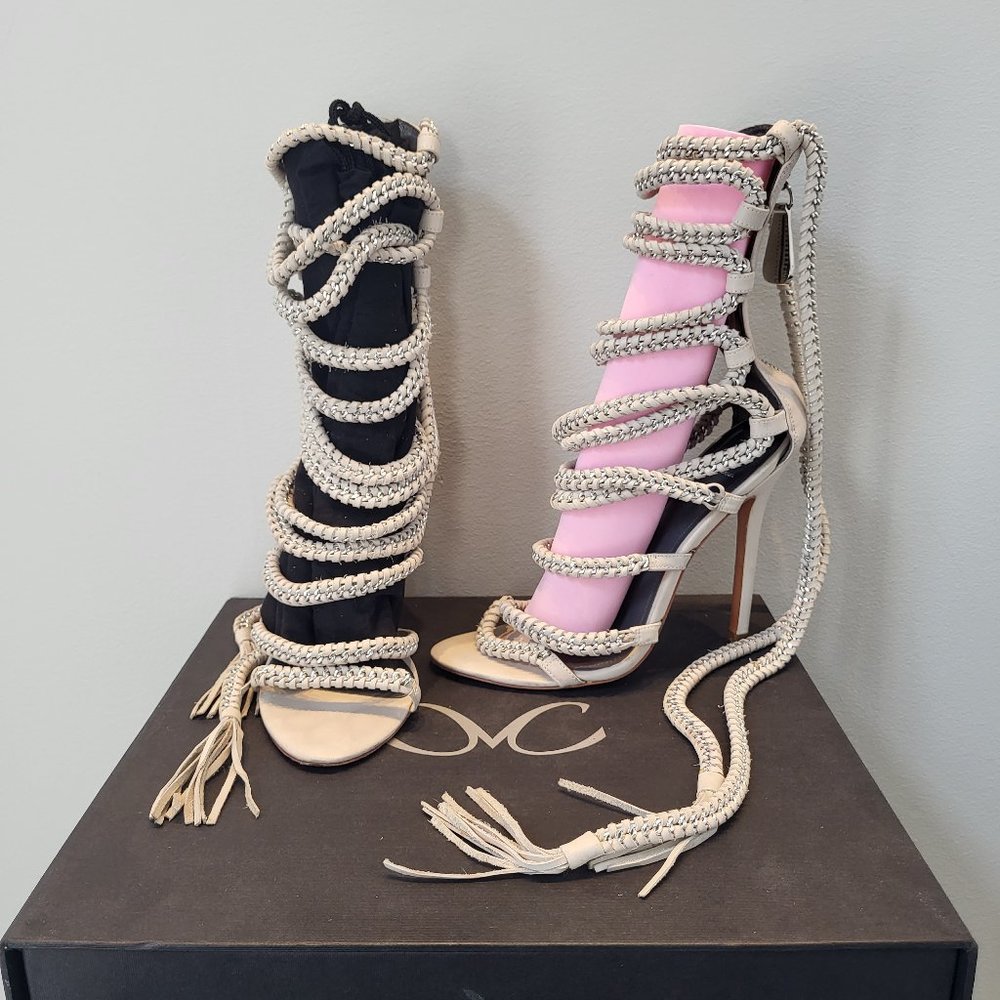 Braided Lace-Up High Heel Sandals - Offwhite